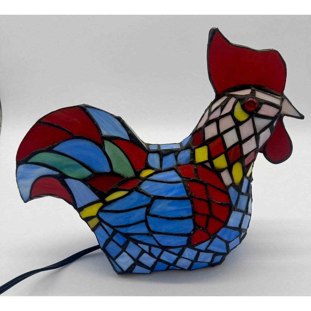 Vintage Stained Glass Rooster Accent Lamp Colorful Farmhouse Table Decor Light